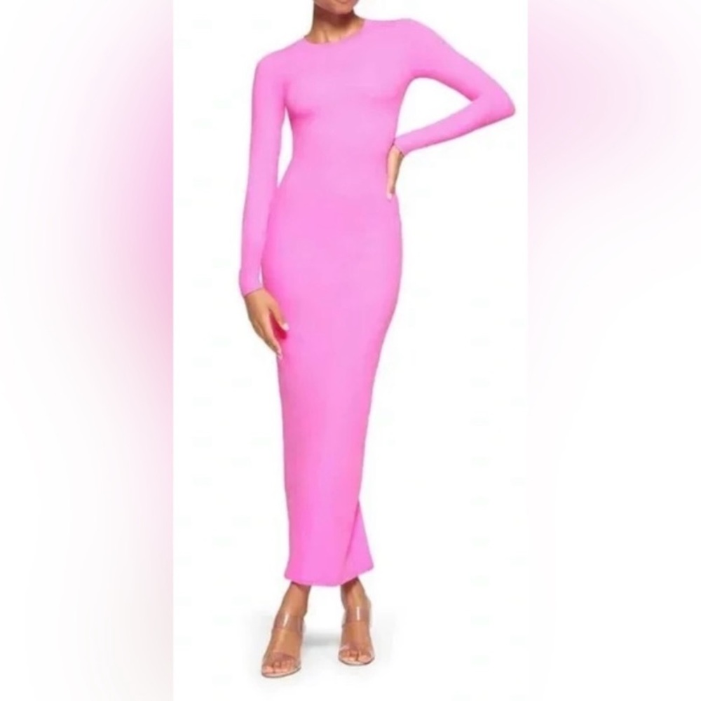 SKIMS Fits Everybody Long Sleeve Crew Neck Maxi Dress, Neon Orchid Pink, Size L - Picture 4 of 14